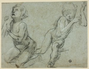 Skicy dvou putti, z nichž jedna drží ruku mrtvého Krista (recto); trup a nohy klečící postavy (verso) od Alessandro Casolani