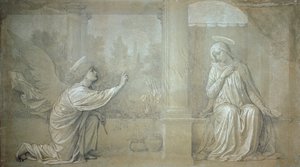 Zvěstování, přípravná karikatura pro fresku Cappella Raffo na hřbitově Misericordia, Siena
