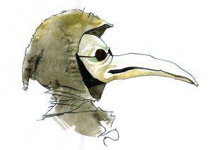 Morový lékař na sobě masku podobnou zobáku, která byla plná aromatických předmětů od Alessandro Lonati