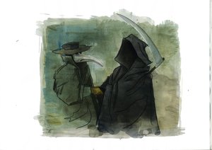 Ruttolääkäri, jolla oli nokkamainen naamio, joka oli täynnä aromaattisia esineitä kuoleman edessä pitelemässä häntä väärässä od Alessandro Lonati
