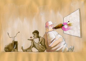 Alegorická reprezentace naší sdílené společnosti jako konzumní společnosti je přehnaná, když mladý západní obézní polykající fast food (junk food) před obří obrazovkou, adosse hladovějícího muže, který se zoufale dívá na jablkový hřebík před televizí od Alessandro Lonati
