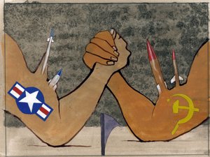 Alegorické znázornění studené války jako přestřelky mezi ozbrojenými silami Ameriky a Sovětského svazu Ilustrace Alessandro Lonati