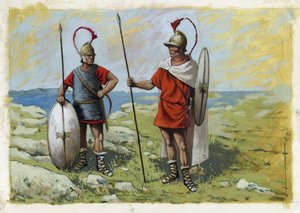 Starověké Řecko: tureoforský žoldák (Thureophoros nebo Thureophoroi) (3.-1. století př. n. l.) (vpravo) a torakité (Thorakitai) (vlevo). Kresba Alessandro Lonati od Alessandro Lonati