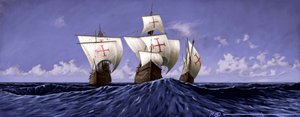 Objevte Ameriku: „Pinta“, „Nina“ a „Santa Maria“, karavely Kryštofa Kolumba během expedice v roce 1492. Ilustrace Alesandro Lonati. 2010 od Alessandro Lonati
