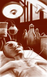 Fantastická bytost: mimozemšťan podrobený laboratorním testům. Ilustrace Alesandro Lonati. 2010 od Alessandro Lonati