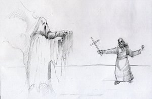 Boj mezi mnichem držícím krucifix a duchem Ilustrace Alessandro Lonati od Alessandro Lonati