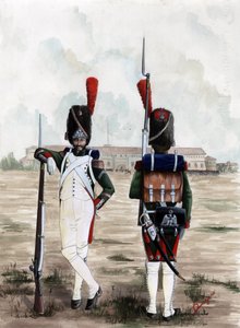 První císařství (1804-1814 a 1815): Granátní vojáci Královské gardy Velké napoleonské Armee na náměstí hradu Sforzesco v Miláně, Itálie. Kresba Alessandro Lonati od Alessandro Lonati