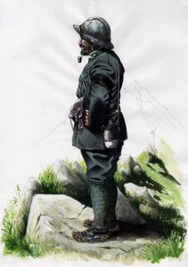 Ensimmäinen maailmansota 1914-1918: Italian armeijan alppimetsästäjä upseeri (alppimetsästäjä) Front des Alpesissa. Piirustus Alessandro Lonati od Alessandro Lonati