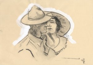 Ensimmäinen maailmansota 1914-1918: Amerikan armeijan GI tai GI jätti morsiamensa mennäkseen taisteluun. Piirustus Alessandro Lonati od Alessandro Lonati