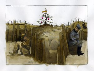 První světová válka: osamělost dvou nepřátelských vojáků, Britů (vlevo) a Němců v zákopu, v době Vánoc 1914-1918 Ilustrace Alessandro Lonati od Alessandro Lonati