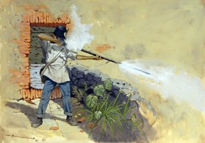 Italské tažení: rakouský pěšák zahajující palbu v bitvě u Solferina mezi rakousko-uherskou říší Francois-Joseph (Francois Joseph) I. Rakouska a francouzsko-sardinskou koalicí Napoleona III. a Viktora Emmanuela II (Victor-Emmanu) od Alessandro Lonati