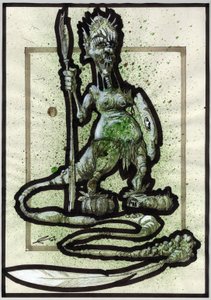 Legendární monstrum pro Fantasy ilustraci: tvář kmenového tvora nebo válečníka s kopím, štítem a pérovým ocasem. Kresba Alessandro Lonati od Alessandro Lonati
