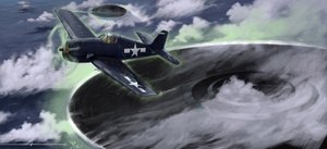Salaperäiset ilmiöt: kuvaa Yhdysvaltain laivaston lentokoneen katoamista Bermudan kolmiossa 1940-luvulla. Legenda viittaa siihen, että se olisi täällä edustettuna olevien UFO:iden (UFO tai muukalainen) työtä. Piirustus Alessandro Lonati od Alessandro Lonati