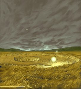 Záhadné jevy: reprezentace legendárního útvaru kruhů v obilí (agroglyf, kruh v obilí nebo kruh pšenice), geometrické tvary vytvořené na obilných polích, které jsou podle určitých teorií dílem mimozemšťanů (UFO nebo UFO). Kresba Alessandro L od Alessandro Lonati