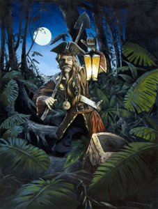 Pirát z Karibiku s lucernou, v noci, skrývá svůj poklad v lese na ostrově. Barevná kresba Alessandra Lonatiho. od Alessandro Lonati