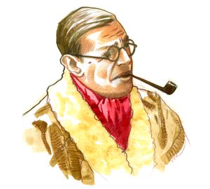 Portrét francouzského spisovatele, filozofa a dramatika Jeana-Paula (Jean Paul) Sartre Kresba od Alessandro Lonati