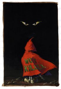 Revisited Little Red Riding Hood od Charlese Perraulta (1628-1703): Červená Karkulka tváří v tvář vlkovi ve tmě s brokovnicí skrytou pod jeho červeným kabátem „Wolf Killer“. Kresba Alessandro Lonati od Alessandro Lonati