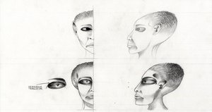 Sci-fi ilustrace (sci-fi): studium tváře mimozemšťana nebo mimozemšťana (mimozemšťana nebo mimozemšťana) od planety Mars až po dobytí vesmíru nebo vesmíru. Kresba Alessandro Lonati od Alessandro Lonati
