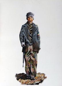 Toinen maailmansota: Italian vastarintaliikkeen (maquis tai sissit, partisaani) (Resistenza Italiana) jäsen, yllään naamiointipuku ja ase konekiväärillä. 1943-1945. Kuvitus Alessandro Lonati od Alessandro Lonati