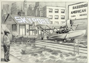 USA, New York: pohled na námořní letiště s hydroplánem čekajícím na dekolaci v 50. letech 20. století. Kresba Alessandro Lonati od Alessandro Lonati