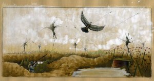 První světová válka: osobní holub nesoucí zprávu, na kterou zamířil německý voják v zákopu, který se snažil získat zprávu 1914-1918 (WWI: německý voják střílející na poštovního holuba nesoucího zprávu od Alessandro Lonati