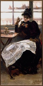 Žena v černém, čtoucí noviny, popíjející šálek kávy v bistru. Obraz od Alessandra Milesiho (1856-1945) Genes Galleria od Arte Moderna