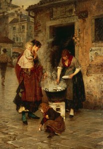 Prodejce škeblí v Benátkách, Alessandro Milesi (1856-1945), olej na plátně, 91x65 cm. Itálie, 20. století.