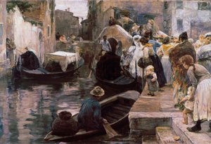 "Svatba v Benátkách"" Novomanželé jezdí na gondole. Obraz Alessandra Milesiho (1856-1945) 1897 Řím. Galleria Nazionale d