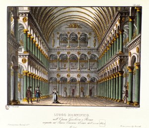 Nádherné místo: velký palácový sál klenutý Scénografie pro představení v Teatro Carcano v roce 1829 opery „Giulietta e Romeo“ (Julie a Romeo) (1796) Niccola Antonia Zingarelliho podle skladby Williama Shakespeara „Romeo a Julie“. Lith