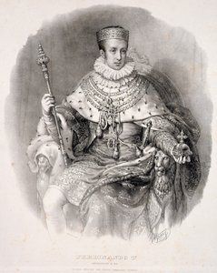 Ferdinand I. (1793-1875), král Lombardie-Venetia, ve státní róbě, z „Coronazione de SMIRA Ferdinando I, il Re del Regno Lombard-Venetia“, vydáno 1838