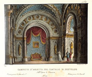 Isolettin kabinet na zámku Montolino v Bretani Scénografie pro představení opery „La straniera“ (1828) Vincenza Belliniho v Teatro alla scala v roce 1829. Litografie v „“ Sbírka scénických vynálezů z roku 1830 od Alessandra Sanquirica od Alessandro Sanquirico