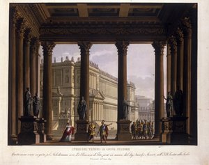 Scénografie Alessandra Sanquirica (1777-1849) pro „Clemence of Tito“ od Wolfganga Amadea Mozarta (1756-1791) stoupá do La Scaly v Miláně v roce 1819 a představuje atrium Jupiterova chrámu Stator Statore: Sextus je zastaven; zachovat Viterli