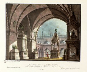Hrobka rodiny Capuletů (Capuleti) Scénografie pro představení opery „Giulietta e Romeo“ (Julie a Romeo) (1796) Niccola Antonia Zingarelliho v divadle Teatro Carcano v roce 1829 podle skladby Williama Shakespeara „Romeo a Julie“. Litografie