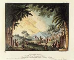 Pohled na lahodné údolí v době dobývání Nového světa španělskou scénografií pro balet „Španělé v Peru“ od italského choreografa Giovanniho Galzeraniho (1780-1865) (1828). Litografie ve sbírce scénických vynálezů d od Alessandro Sanquirico