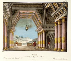 Pohled na velký palácový pokoj Scénografie pro balet „“ Španělé v Peru “ od italského choreografa Giovanniho Galzeraniho (1780-1865) (1828). Litografie ve „“ Sbírce scénických vynálezů z roku 1830 od Alessandra Sanquirica (1777-1849) ““. milánský pr od Alessandro Sanquirico