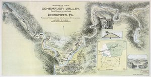 Pohled z ptačí perspektivy na údolí Conemaugh od Ninive k jezeru, Johnstown, PA: z osobních náčrtů a průzkumů Pensylvánie R.R. se svolením od Alex. Y.; Pennsylvania Railroad Lee
