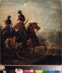 Jezdci. (pluk husarů). Obraz Alexandra Osipoviče Orlowského (1777-1832), olej na plátně