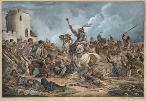 Bataille entre les Georgiens et les tribus de montagne - Bitva mezi Gruzínci a horskými kmeny - Orlowski (Orlovský), Alexander Osipovič (1777-1832) - 1826 - Litografie, akvarel - 54x77 - Soukromá sbírka