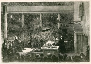 Profesor Faraday přednáší v Královské instituci před HRH princem Albertem, princem z Walesu, a princem Alfredem