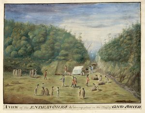 Přidat. 23920, f.11 „Pohled na napajedlo Endeavour v Zátoce dobrého úspěchu, Ohňová země, s domorodci“, leden 1769 (pero a inkoust s akvarelem na papíře)