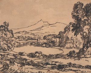 Krajina s jezerem a vzdálenou horou od Alexander Cozens