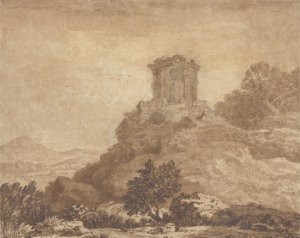 Krajina se zničeným chrámem, kolem roku 1756 (grafit a lavírovaný papír) od Alexander Cozens