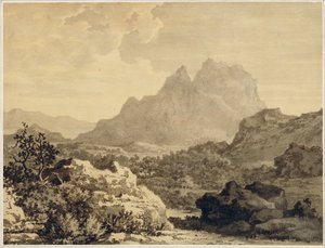 Horská krajina, cca 1780 (šedá a hnědá barva na papíře připraveném hnědým podkladem)