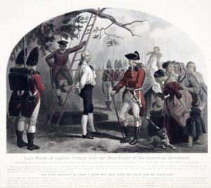 Poslední slova kapitána Nathana Halea, hospoda. 1858 (ručně kolorovaná rytina)