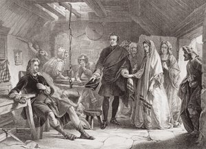 První setkání prince Charlese a Flory Macdonald na ostrově South Uist, 1747, z „Ilustrace anglické a skotské historie“ svazek II