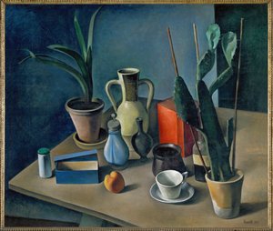 Grosses Stilleben mit Kruegen und roter Teedose, Zátiší se džbány a červeným čajovým konvičkovníkem (malba na plátně)