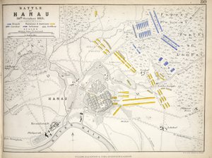 Mapa bitvy u Hanau, kterou vydal William Blackwood and Sons, Edinburgh und London, 1848 (ručně kolorovaná rytina)