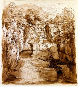 The Bracklinn Falls, Perthshire, cca 1810 (pero a hnědý inkoust s mytím na papíře) od Alexander Nasmyth