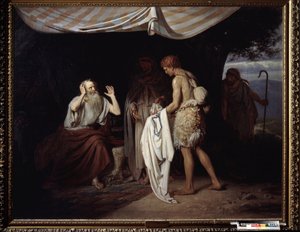 Josephův krvavý kabát přinesený Jacobovi. Poté, co bratři prodali svého bratra Josefa do otroctví v Egyptě, žárlili na to, že jejich otec dává Josefovi přednost, darují jeho tuniku Jákobovi, aby mu od Alexander Nikanorovich Novoskoltsev