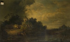 Romantická krajina s pitím koní, konec 19. století